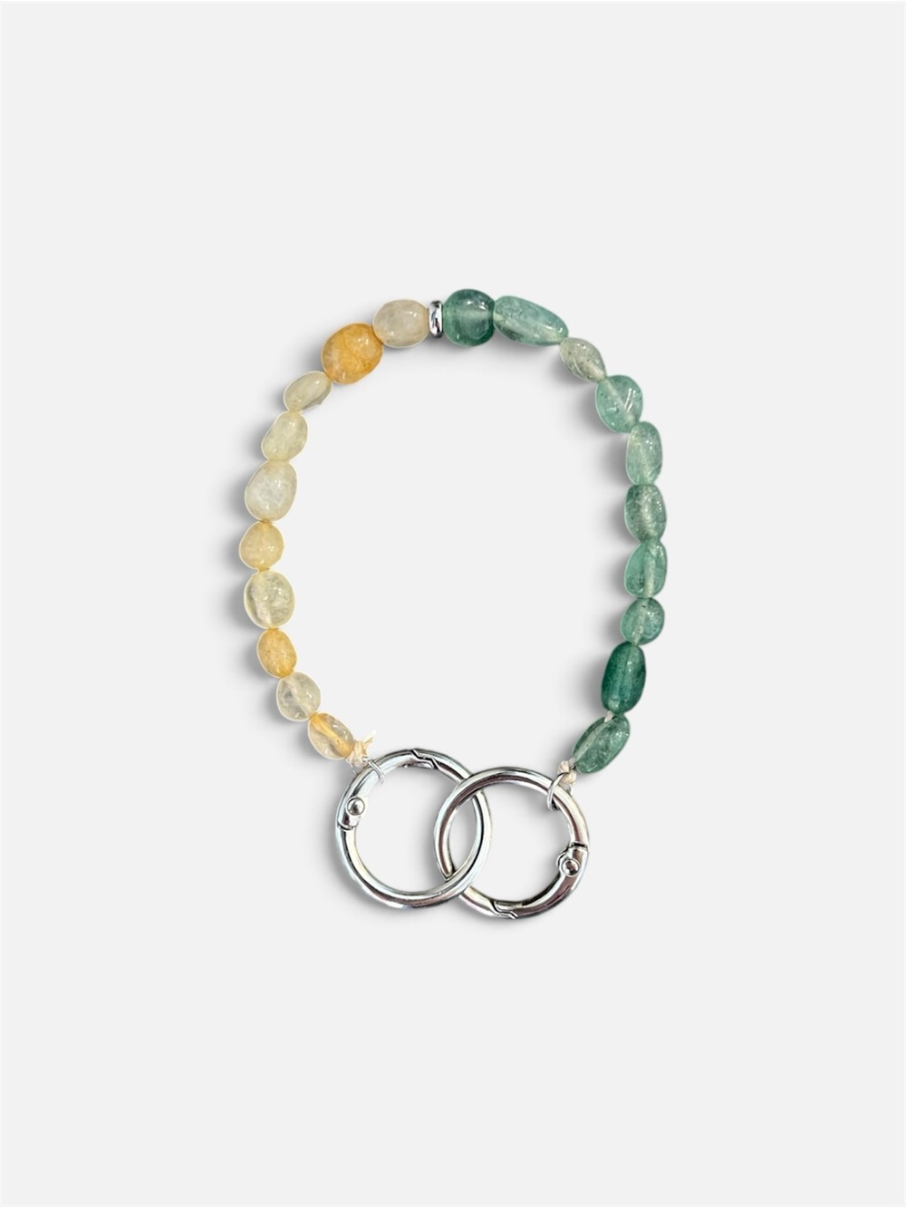Beaded Gemstone Bag Charm with Silver Double Rings - Green & Yellow